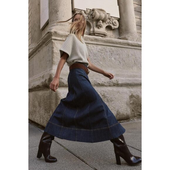 ZARA Z1975 BELTED DENIM WRAP MIDI SKIRT - Picture 2 of 9